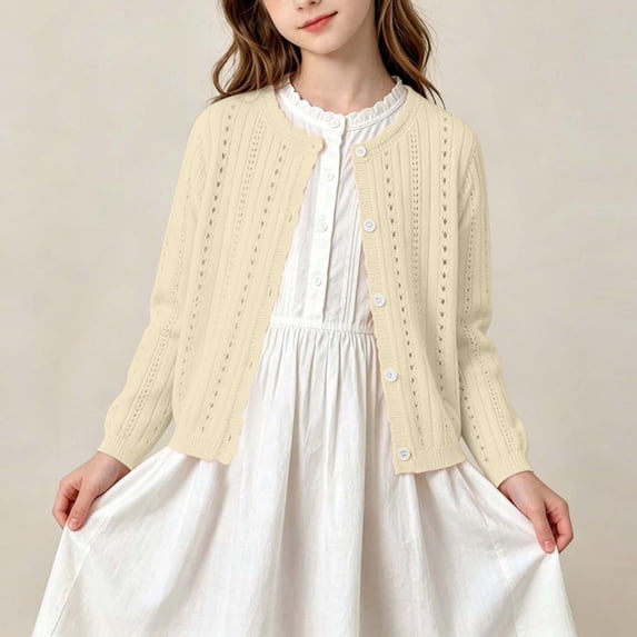 Ynynloco Girls 100%Cotton Soft Long Sleeve Cardigan Sweater Girls Button Closure Knitted Eyelet Cardigan 0-6Y