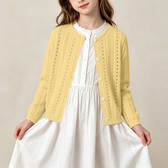 Ynynloco Girls 100%Cotton Soft Long Sleeve Cardigan Sweater Girls Button Closure Knitted Eyelet Cardigan 0-6Y