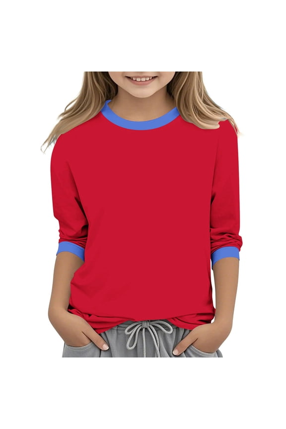 Girls' 3/4 Sleeve Ringer T-Shirts – Solid Color Crew Neck Tees with Contrast Trim, Soft Cotton Blend
