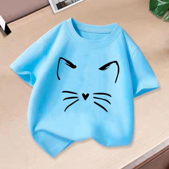 Ynynloco Girls Crewneck Short Sleeve Graphic Tees Cat Print Casual Cotton Shirts Cute Summer Outfits 2-14 Years