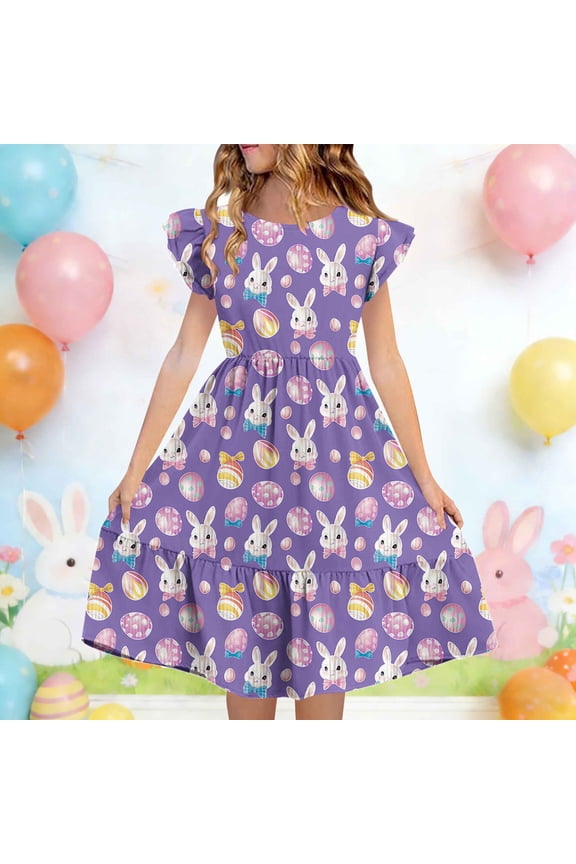 Girls Easter Bunny Print Ruffle Dress Short Sleeve A-Line Dress for Kids Spring Dress