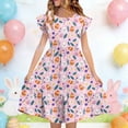 thumbnail image 1 of Ynynloco Girls Easter Party Dress Bunny Print Ruffle Hem Short Sleeve for Kids, 1 of 7