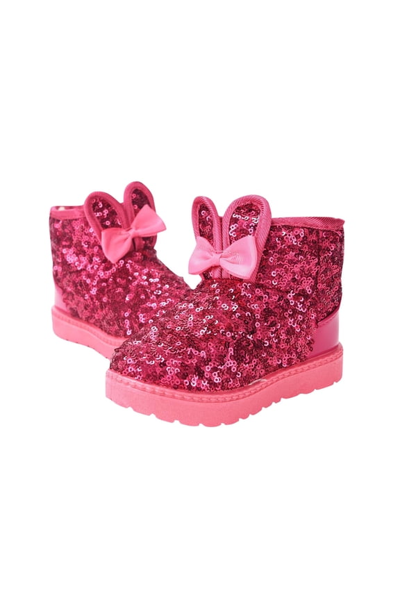Girls Glitter Bunny Snow Boots With Bow, ToddlerWarm Winter Sequin Comfy Cute Sparkle Princess Ankle Boots