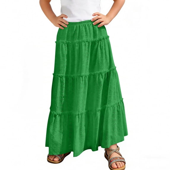 Ynynloco Girls' Lace Embroidery Eyelet Boho Skirt High Elastic Waisted Flowy Swing Midi Long Skirt