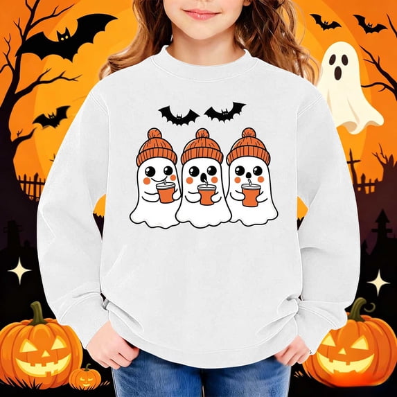 Ynynloco Girls Oversized Halloween Sweatshirts Kids Crewneck Fashion Fleece Drop Shoulder Basic Pullover 1-13Years