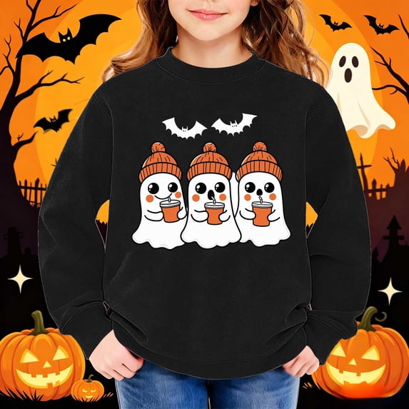 Ynynloco Girls Oversized Halloween Sweatshirts Kids Crewneck Fashion Fleece Drop Shoulder Basic Pullover 1-13Years