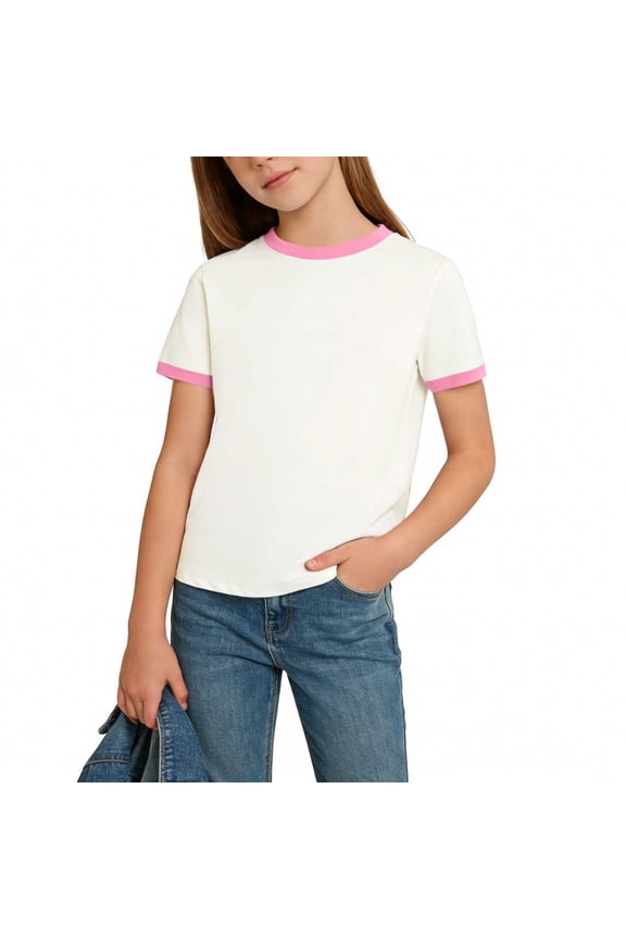Girls' Ringer T-Shirts – White Short Sleeve Crew Neck Tees with Contrast Trim, Soft Cotton Blend, Sizes 4–16
