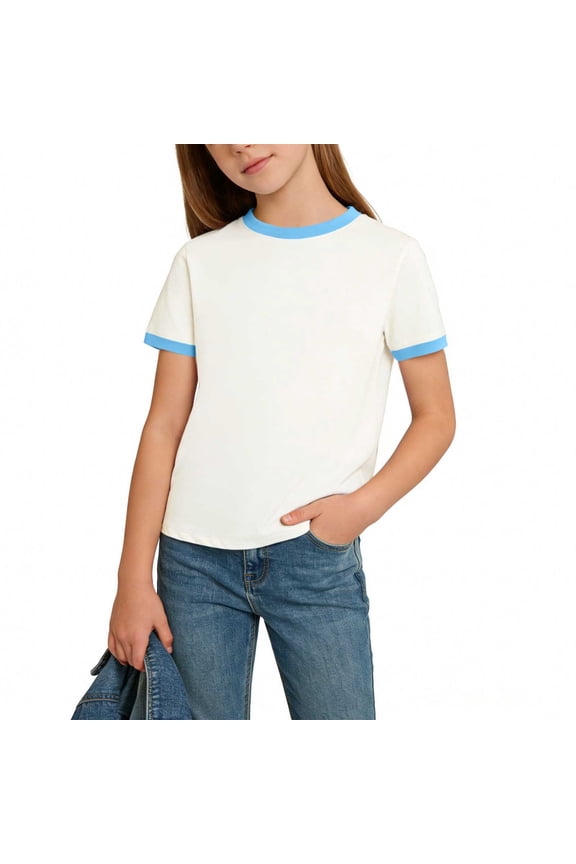 Girls' Ringer T-Shirts – White Short Sleeve Crew Neck Tees with Contrast Trim, Soft Cotton Blend, Sizes 4–16