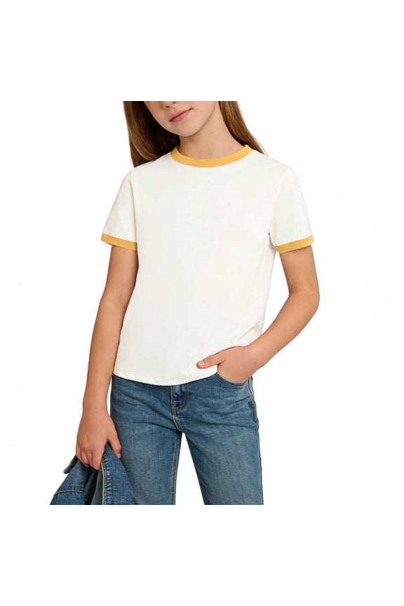 Girls' Ringer T-Shirts – White Short Sleeve Crew Neck Tees with Contrast Trim, Soft Cotton Blend, Sizes 4–16