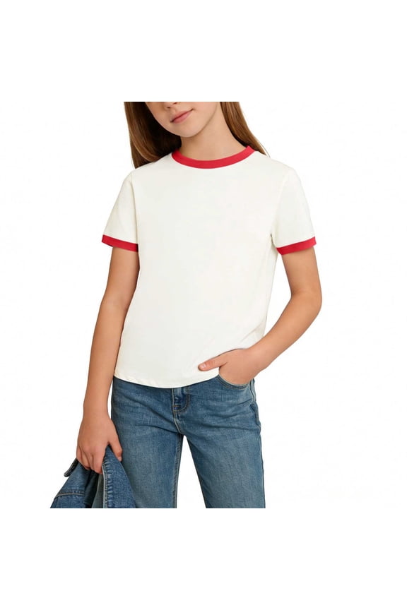 Girls' Ringer T-Shirts – White Short Sleeve Crew Neck Tees with Contrast Trim, Soft Cotton Blend, Sizes 4–16