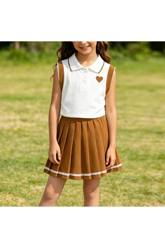 Girls Skirt Set JK School Uniform 2-Piece Outfit - Short Sleeve Tank Top Shirt with Bow & Pleated Skirt 2-8Y