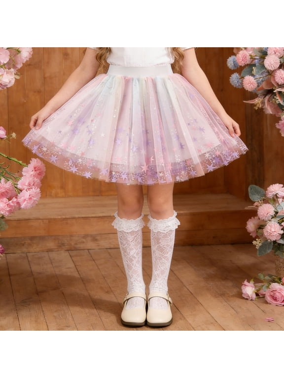 Girls Sparkle Rainbow Flower Tutus Princess Ballet Dance Layered Tulle Tutu Skirts with Sequin Stars
