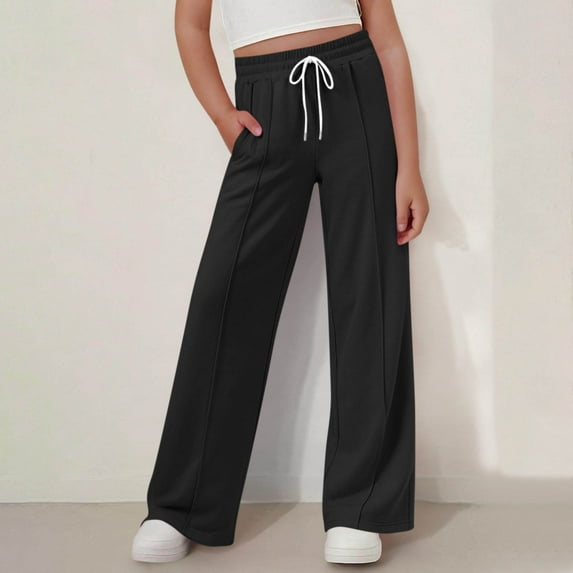 Ynynloco Girls Wide Leg Pants High Elastic Smocked Waist Casual Flowy Cute Long Trousers with Pockets
