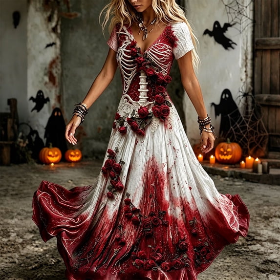 Ynynloco Halloween Women's Flowy A-Line Long Dress Short Sleeve Rose Decor Maxi Dress for Funny Party Cosplay Costume