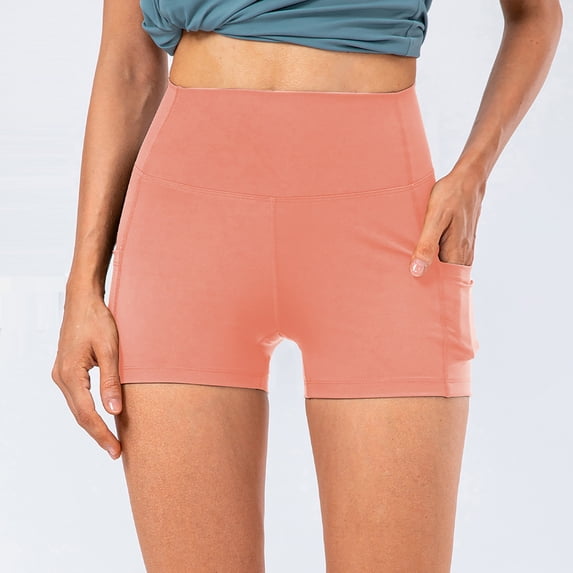 Ynynloco High Waist Yoga Solid Shorts for Women's Tummy Control Fitness Athletic Workout Running Shorts with Pockets