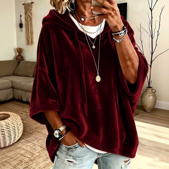Ynynloco Hoodies for Women Velvet 3/4 Batwing Sleeve Drawstring V Neck Pullover Sweatshirts Shirts Loose Casual Fall Tops