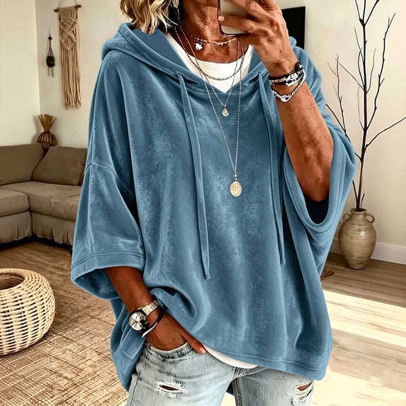 Ynynloco Hoodies for Women Velvet 3/4 Batwing Sleeve Drawstring V Neck Pullover Sweatshirts Shirts Loose Casual Fall Tops