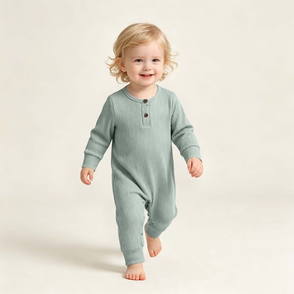 Ynynloco Infant Boys Girls Clothes 100%Cotton Newborn Baby Romper Ribbed Knit Long Sleeve Button Solid Bodysuit Jumpsuit