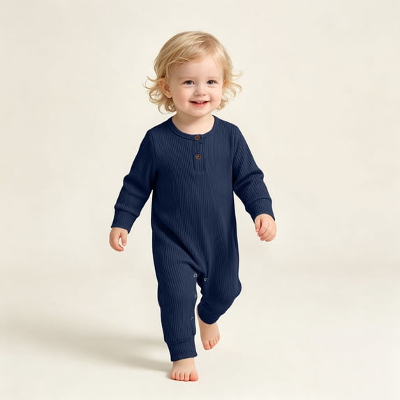 Ynynloco Infant Boys Girls Clothes 100%Cotton Newborn Baby Romper Ribbed Knit Long Sleeve Button Solid Bodysuit Jumpsuit