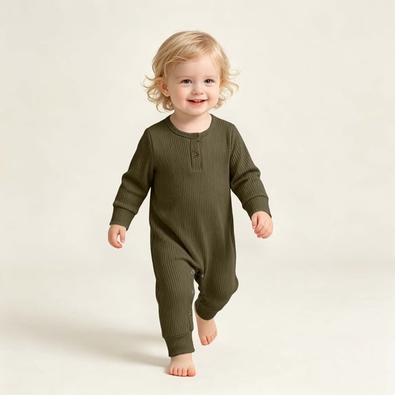 Ynynloco Infant Boys Girls Clothes 100%Cotton Newborn Baby Romper Ribbed Knit Long Sleeve Button Solid Bodysuit Jumpsuit