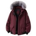 thumbnail image 1 of Ynynloco Jackets for Men Faux Fur Hood Stand Up Collar Long Sleeve Coats with Pockets Solid Color Thicken Warm Outerwear, 1 of 3