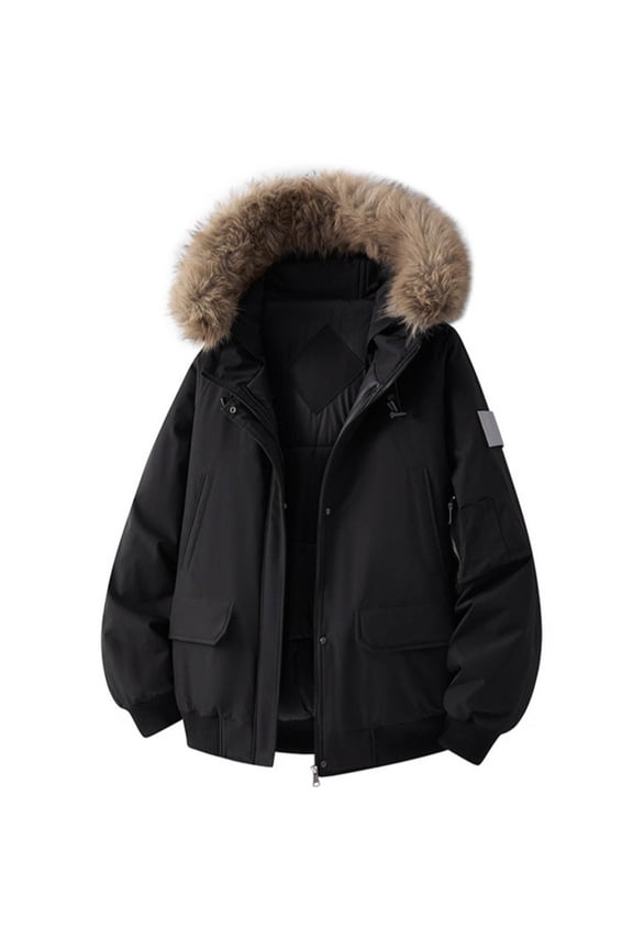 Jackets for Men Faux Fur Hood Stand Up Collar Long Sleeve Coats with Pockets Solid Color Thicken Warm Outerwear
