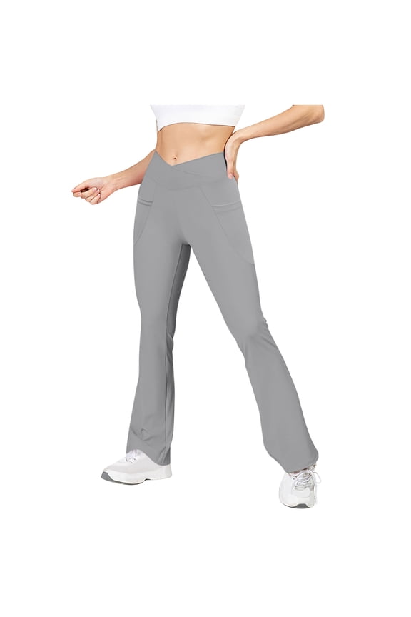 Leggings with Pockets for Women Solid Color Crossover High Waisted Tummy Control Flare Yoga Pants for Gym Athletic Sport Running Leggings