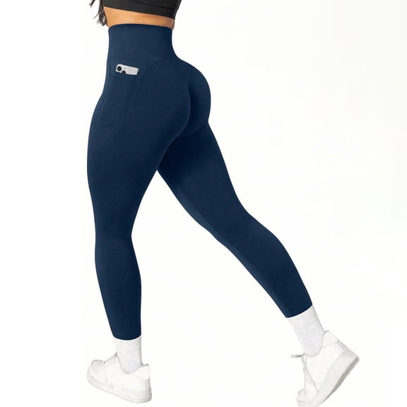Ynynloco Leggings with Pockets for Women Stretch Tummy Control High Waist Soft Leggings Solid Color Buff Lifting Athletic Gym Running Yoga Pants