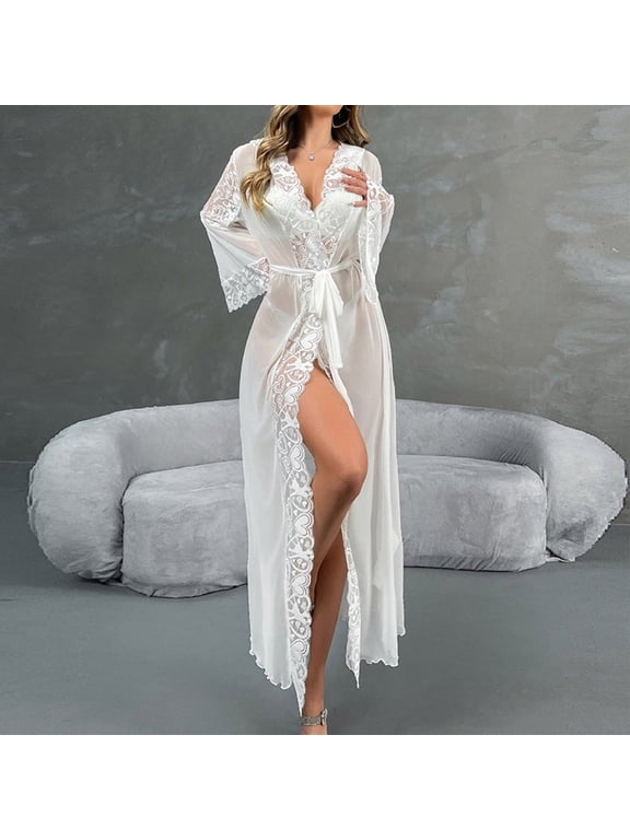 Lingerie for Women Sexy Long Lace Hooded Kimono Robe Mesh Chemise Lace Gown Cover Up Bridesmaids Sleepwear