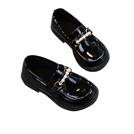Ynynloco Little Girls Patent Leather Oxford Slip-On Penny Loafer Rhinestones Pearls Flats Black White School Uniform Dress Shoes for Toddlers