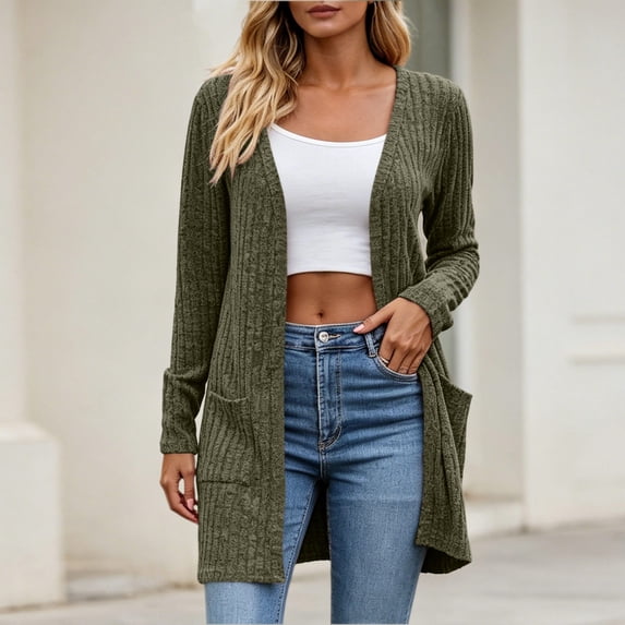 Ynynloco Long Cardigan Sweaters for Women Ribbed Knit Open Front Cardigan Long Sleeve Oversized Fall Winter Casual Coat with Pockets
