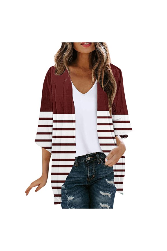 Long Cardigans for Women Patch Striped Open Front Long Sleeve Outwears Loose Fit Lightweight Cardigans
