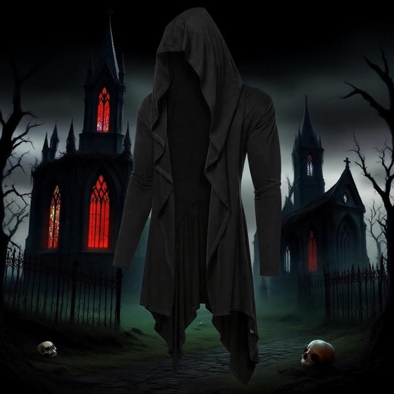 Ynynloco Long Hooded Cardigan Ruffle Shawl Collar Open Front Gothic Cloak Lightweight Drape Cape Overcoat with Pockets
