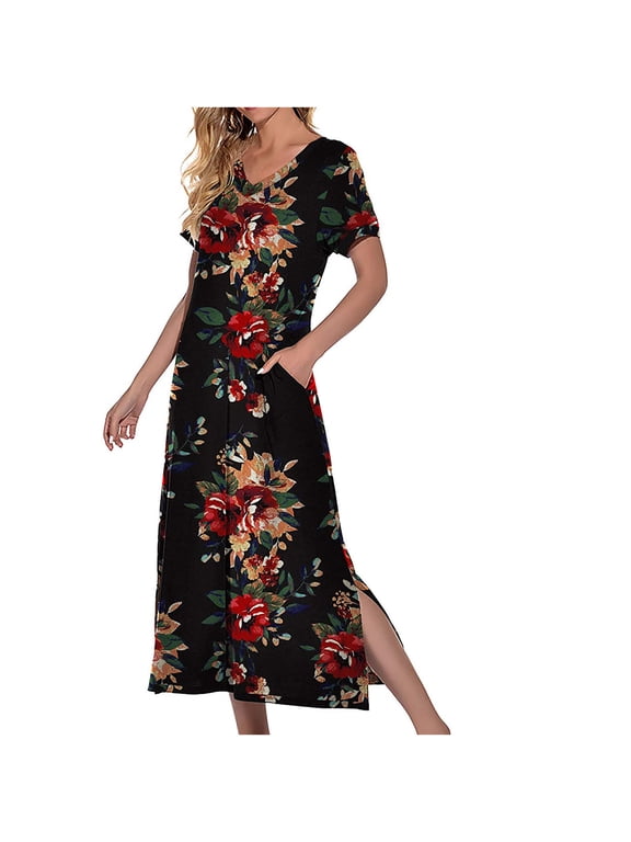 Long Nightgown, Womens V Neck Loungewear Oversized Short Sleeve Sleepwear Loose Sleep Dress with Pockets