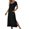 thumbnail image 1 of Ynynloco Long Nightgown, Womens V Neck Loungewear Oversized Short Sleeve Sleepwear Loose Sleep Dress with Pockets, 1 of 3
