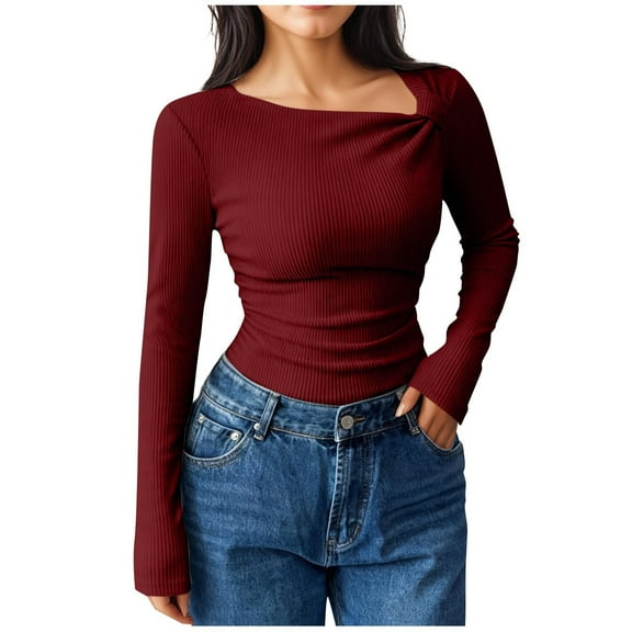 Ynynloco Long Sleeve Tops for Women Square Neck Solid Color Slim-Fit Pullover Tops Basic 2025 Fall Dressy Casua Tees