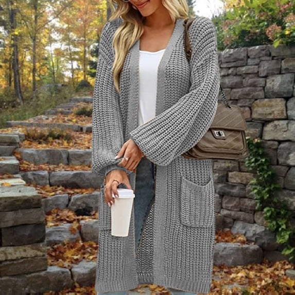Ynynloco Long Sweaters for Women Cardigan Open Front Long Sleeve Chunky Cable Knit Duster Cardigans Winter Coat with Pockets