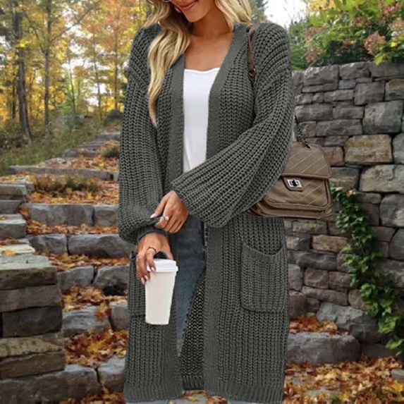 Ynynloco Long Sweaters for Women Cardigan Open Front Long Sleeve Chunky Cable Knit Duster Cardigans Winter Coat with Pockets