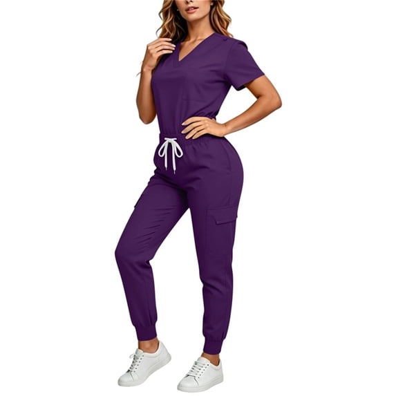 Ynynloco Medical Uniform Jogger Scrubs for Women Set – Stretch V-Neck Scrub Top & Elastic Jogger Scrub Pants for Women with Pockets