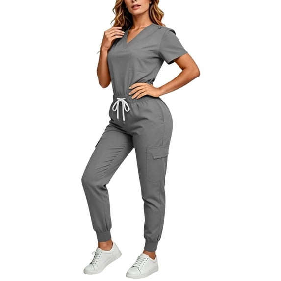 Ynynloco Medical Uniform Jogger Scrubs for Women Set – Stretch V-Neck Scrub Top & Elastic Jogger Scrub Pants for Women with Pockets
