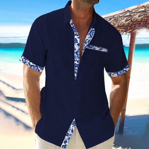 Ynynloco Men's Contrast Floral Trim Short Sleeve Button Down Shirt – Casual Summer Beach Shirt with Pockets