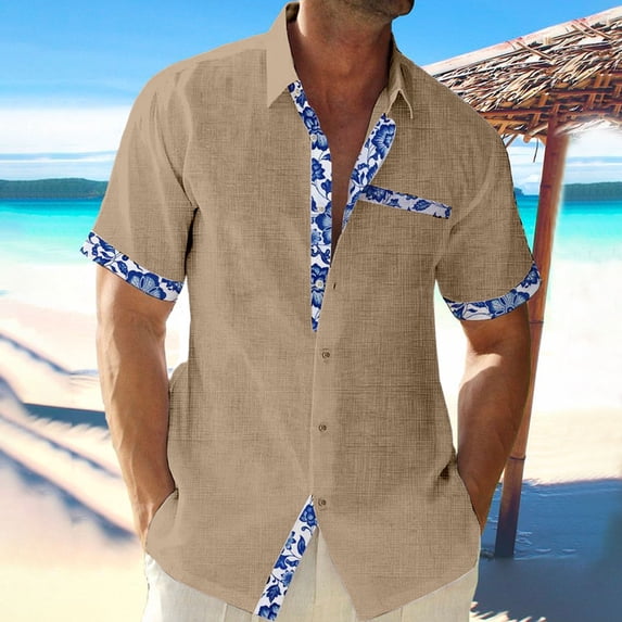 Ynynloco Men's Contrast Floral Trim Short Sleeve Button Down Shirt – Casual Summer Beach Shirt with Pockets