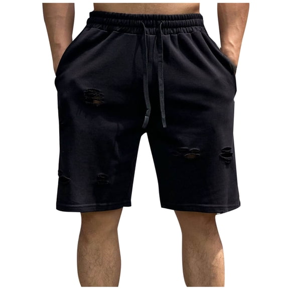 Ynynloco Men's Distressed Fleece Shorts – Baggy Hip Hop Ripped Sweat Shorts with Drawstring for Streetwear