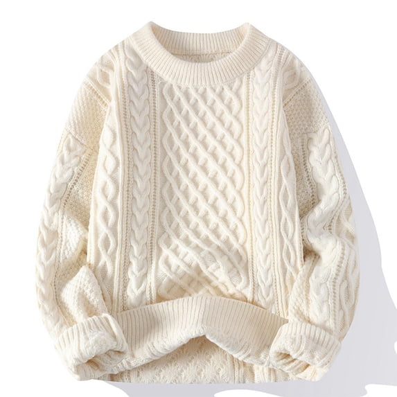 Ynynloco Men's Long-sleeved Pullover Sweater Cable Knit Chunky Sweater Classic Casual Crewneck Sweaters With Ribbing Edge