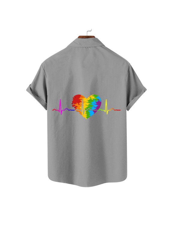 Men's Rainbow Heart Print Short Sleeve Shirt Casual Button Down Hawaiian Top