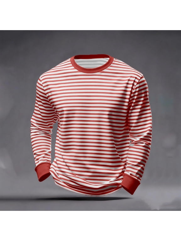 Men's Regular-Fit Crewneck Basic Long-Sleeve T-Shirt, Striped Casual Athletic Jersey
