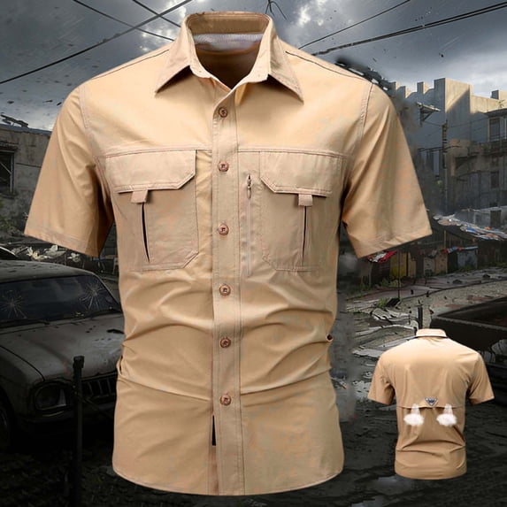 Ynynloco Men's Short Sleeve Work Casual Shirt, Utility Tactical Cargo Shirts for Fishing Outdoor Hiking Safari with Pockets