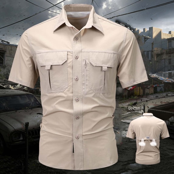 Ynynloco Men's Short Sleeve Work Casual Shirt, Utility Tactical Cargo Shirts for Fishing Outdoor Hiking Safari with Pockets