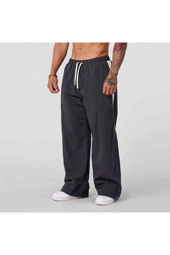 Men's Track Pants Drawstring Casual Athletic Trousers Nylon Blend Loose Straight Sweatpants with Side Stripe for Men
