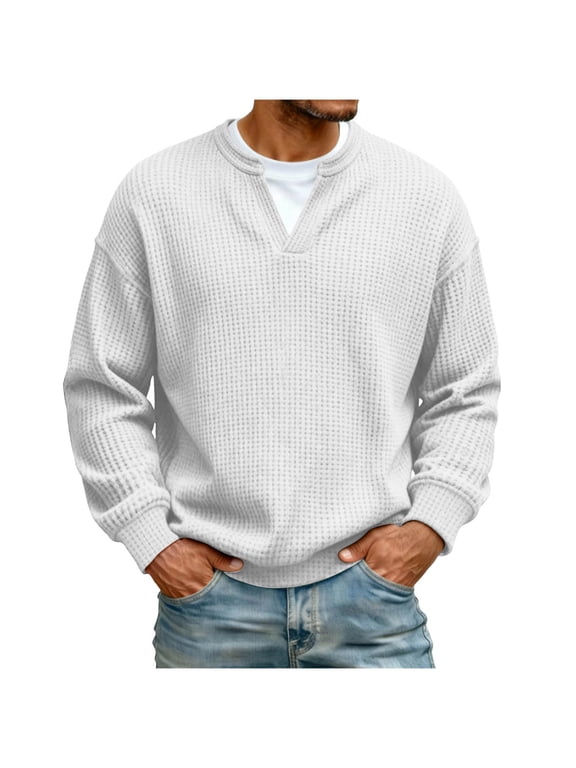Men’s Waffle Henley Shirts Pullover, Long Sleeve Crewneck Button Tops Casual Basic T-Shirts Lightweight Knit Pullover